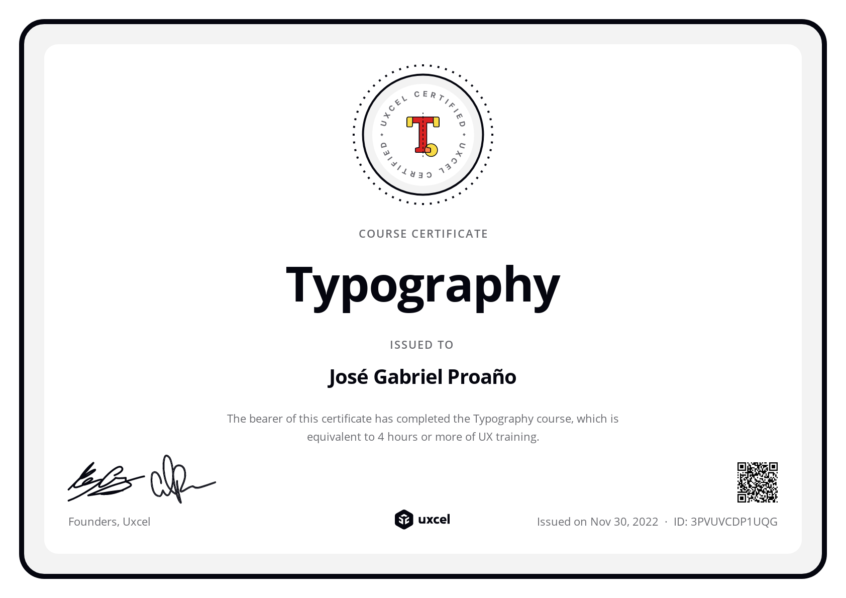 José Gabriel Proaño's certificate